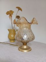 Lampe de bureau rétro bronze doré, globe tulipe verre ocre