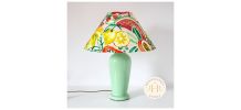 Lampe vintage pied en céramique vert d'eau et abat-jour impr