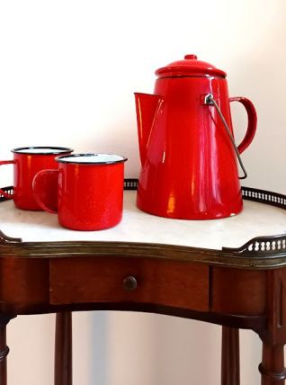 Set cafetière et tasses en tôle émaillée rouge vintage