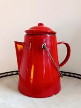 Set cafetière et tasses en tôle émaillée rouge vintage