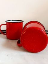 Set cafetière et tasses en tôle émaillée rouge vintage