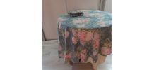 Linge de table - Nappe ronde et huit serviettes décor Fleurs