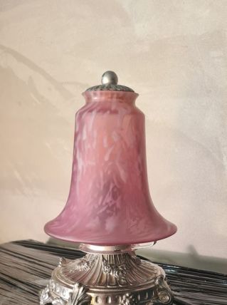 lampe argenté regule  1920 tulipe rose mouchete de blanc 23x