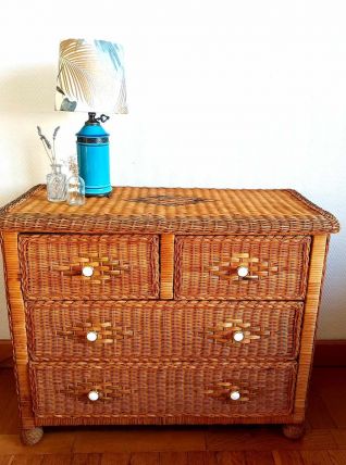 Commode en rotin vintage 1970 