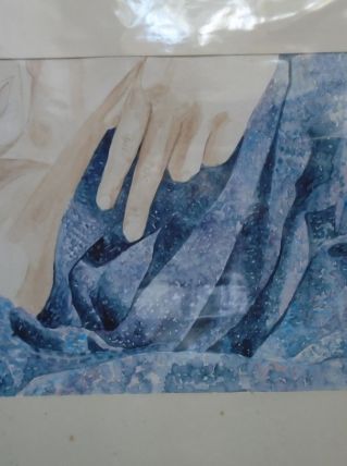 Aquarelle originale Drapé bleu signée et datée