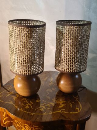 paire lampe de chevet boule en bois scandinave  elec ok  32x