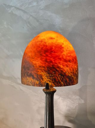 lampe champignon pate de verre pied metal patiné bronze  39x
