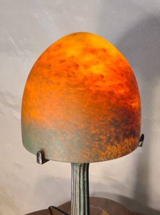 lampe champignon pate de verre pied metal patiné bronze  39x
