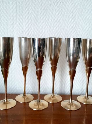 6 flûtes à champagne laiton et métal argenté 1970 