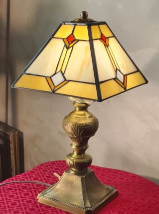 lampe art deco bronze et laiton h40x30 abat jour  style verr