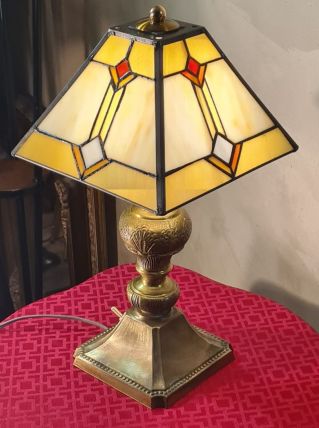 lampe art deco bronze et laiton h40x30 abat jour  style verr