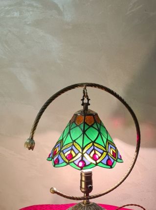 lampe bronze et laiton abat jour verre style tiffany 38x32  