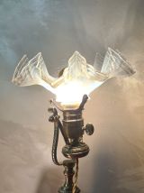 lampe laiton1900 de table abat jour verre dentelle opalissan