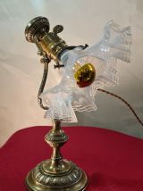 lampe laiton1900 de table abat jour verre dentelle opalissan