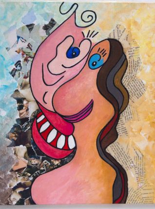 Portrait de femme,  technique mixte style cubiste.