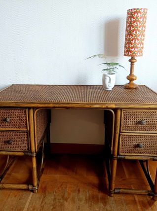 Grand bureau rotin et cannage style Maugrion 1970 