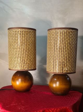  paire de lampe scandinave  boule bois  et abat jour neuf 32