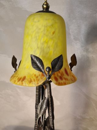 lampe fer forgé style brandt   40x17  tulipe jane pate verre