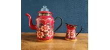 Ancienne cafetière et pot à lait toile émaillée 