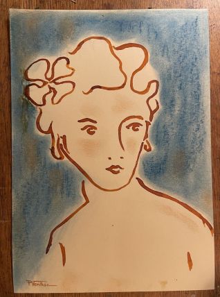 Tableau signé portrait femme art déco encre et pastel