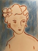 Tableau signé portrait femme art déco encre et pastel