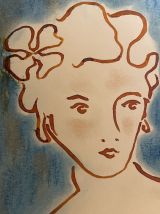 Tableau signé portrait femme art déco encre et pastel