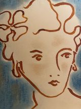 Tableau signé portrait femme art déco encre et pastel