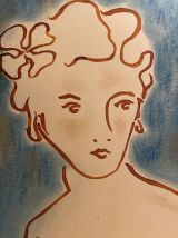Tableau signé portrait femme art déco encre et pastel