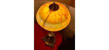 lampe bronze ancienne abat jour pate de verre jaune marbré 5