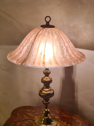 lampe laiton polie 1970 abat jour pate verre vianne 56x35 el