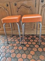 4 Tabourets vintage 60's en skaï orange