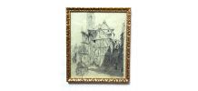 Dessin encadré d'Eugène Véder "Rouen. La maison penchée". 
