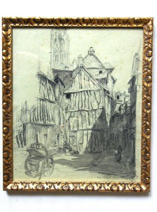 Dessin encadré d'Eugène Véder "Rouen. La maison penchée". 