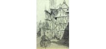 Dessin encadré d'Eugène Véder "Rouen. La maison penchée". 