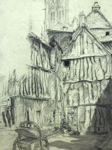Dessin encadré d'Eugène Véder "Rouen. La maison penchée". 