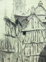 Dessin encadré d'Eugène Véder "Rouen. La maison penchée". 