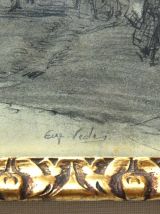 Dessin encadré d'Eugène Véder "Rouen. La maison penchée". 