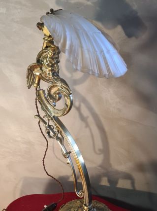 lampe bronze doré 58x25x6kg  abat jour coquille verre 1960 e