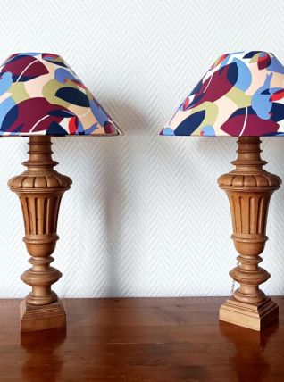 Paire de lampes en bois tourné Médicis abat-jours sur mesure