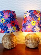 Paire de lampes osier et abats-jour 1970 sur mesure 