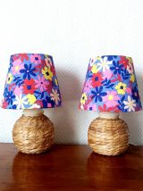 Paire de lampes osier et abats-jour 1970 sur mesure 
