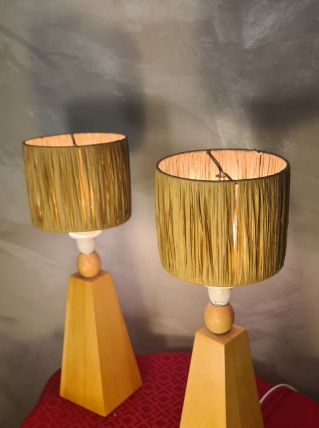  2 lampes style scandinave de chevet  bois massif et abat jo