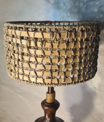 lampe de salon 1970 acier patiné abat jour corde et rotin 62
