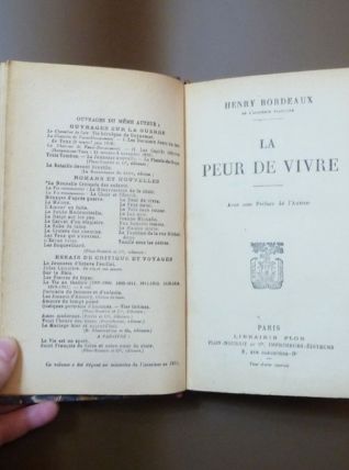 La Peur de Vivre- Henry Bordeaux- Librairie Plon   
