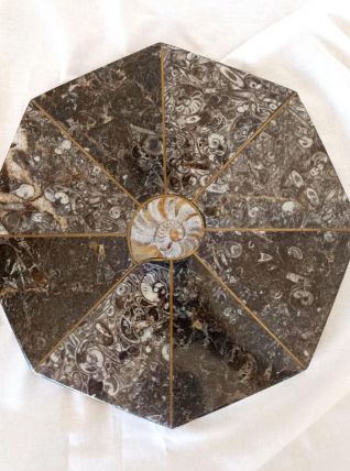 Dessous de plat en pierre et ammonite fossilisée 