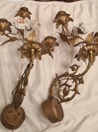  paire d applique murale laiton bronze 1900 a 30 rose porcel