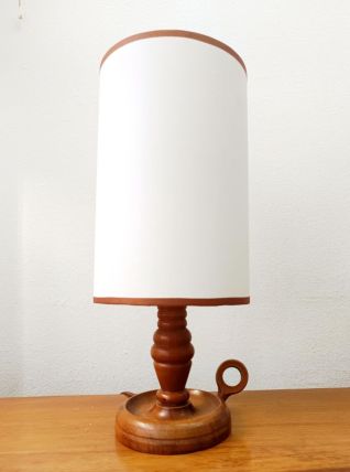 Lampe en bois vintage abat-jour simili cuir blanc 