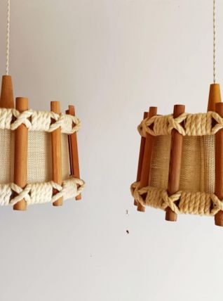 Paire de suspensions scandinaves bois et corde 1970