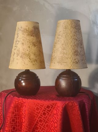 paire lampe boules bois 1960 abat jour parchemin elec refait