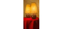 paire lampe boules bois 1960 abat jour parchemin elec refait